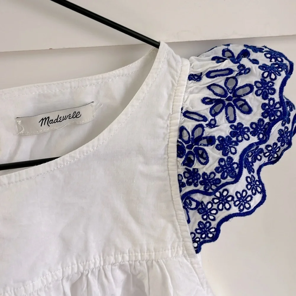 MADEWELL | EUC Story Top White with Blue Floral Embroidery Ruffle Cap Sleeve - Picture 2 of 11